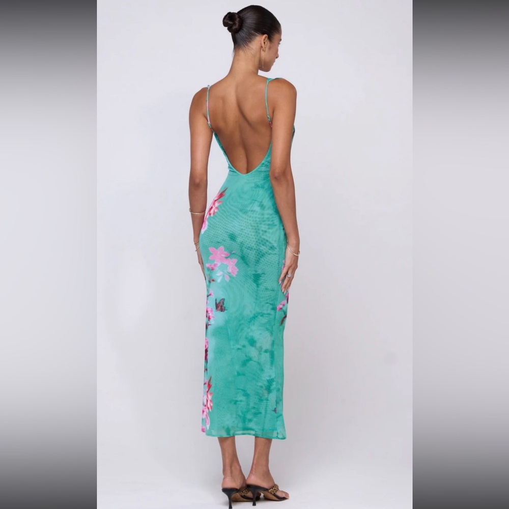 RESA Teal Floral Midi Dress with Pink Blossoms - Picture 2 of 2